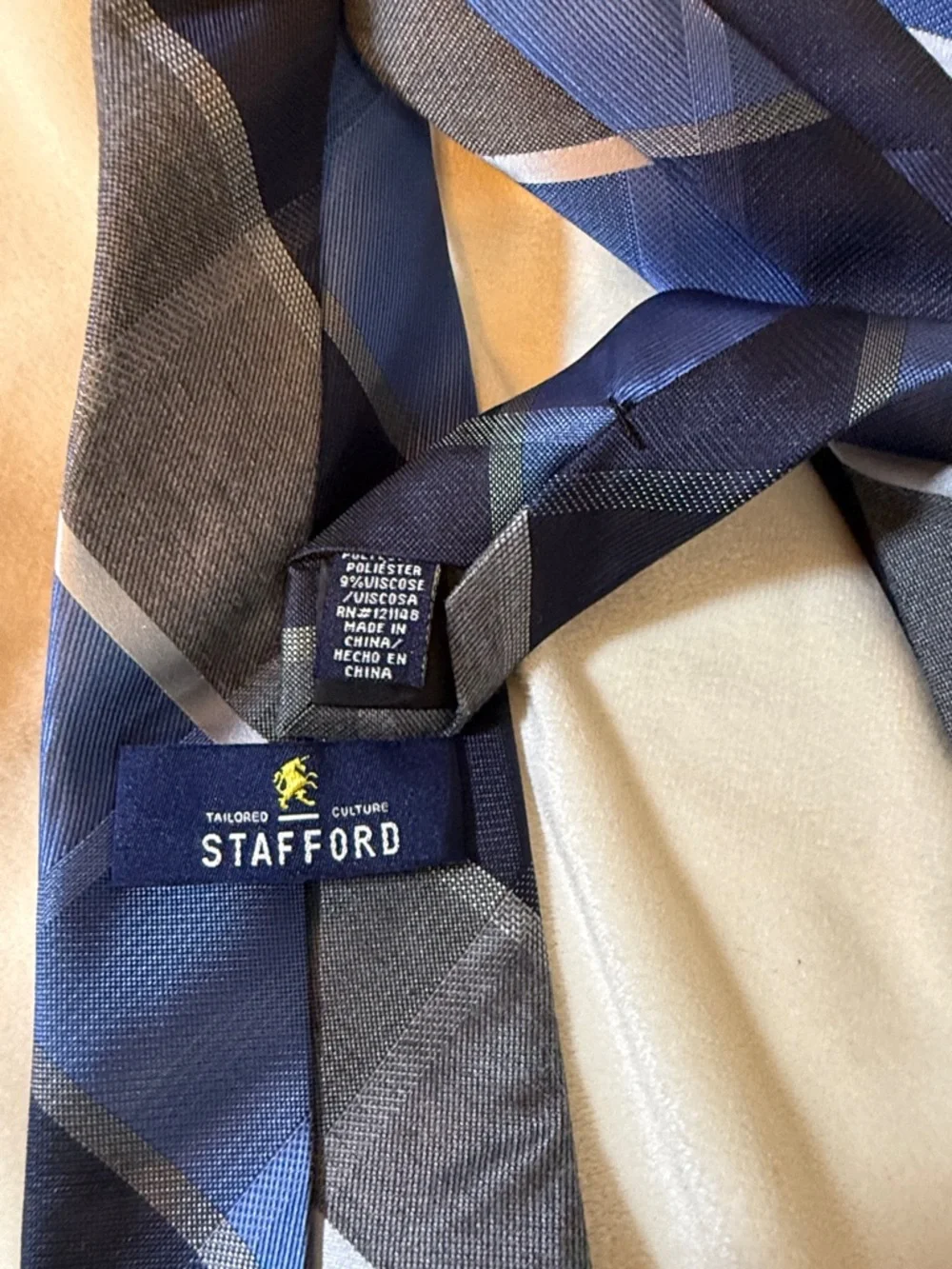 Stafford Tailored Culture Mens Blue Navy Grey Plaid Check Polyester Blend Tie‎